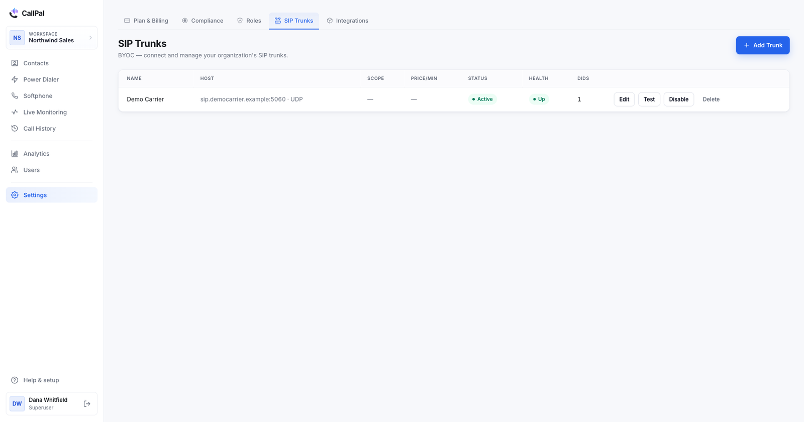 CallPal SIP trunks settings: a Telnyx TLS trunk marked global, active and healthy with two DIDs and a $0.0075 per-minute rate, and a Flowroute UDP backup scoped to US and CA, above a toggle for announcing recording before connecting.