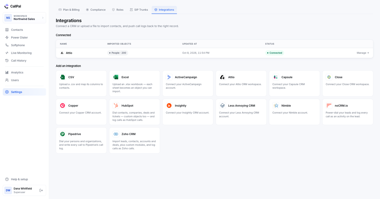 The CallPal Integrations page: a grid of available connectors (CSV, Excel, ActiveCampaign, Attio, Capsule, Close, Copper, Insightly, Less Annoying CRM, Nimble) above a Connected table showing an Attio workspace with People and Companies imported.