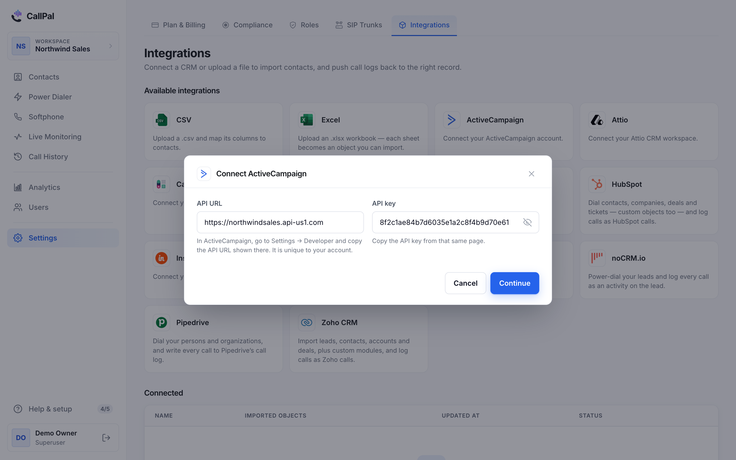 The Connect ActiveCampaign dialog in CallPal, with the API URL and API key fields filled in.