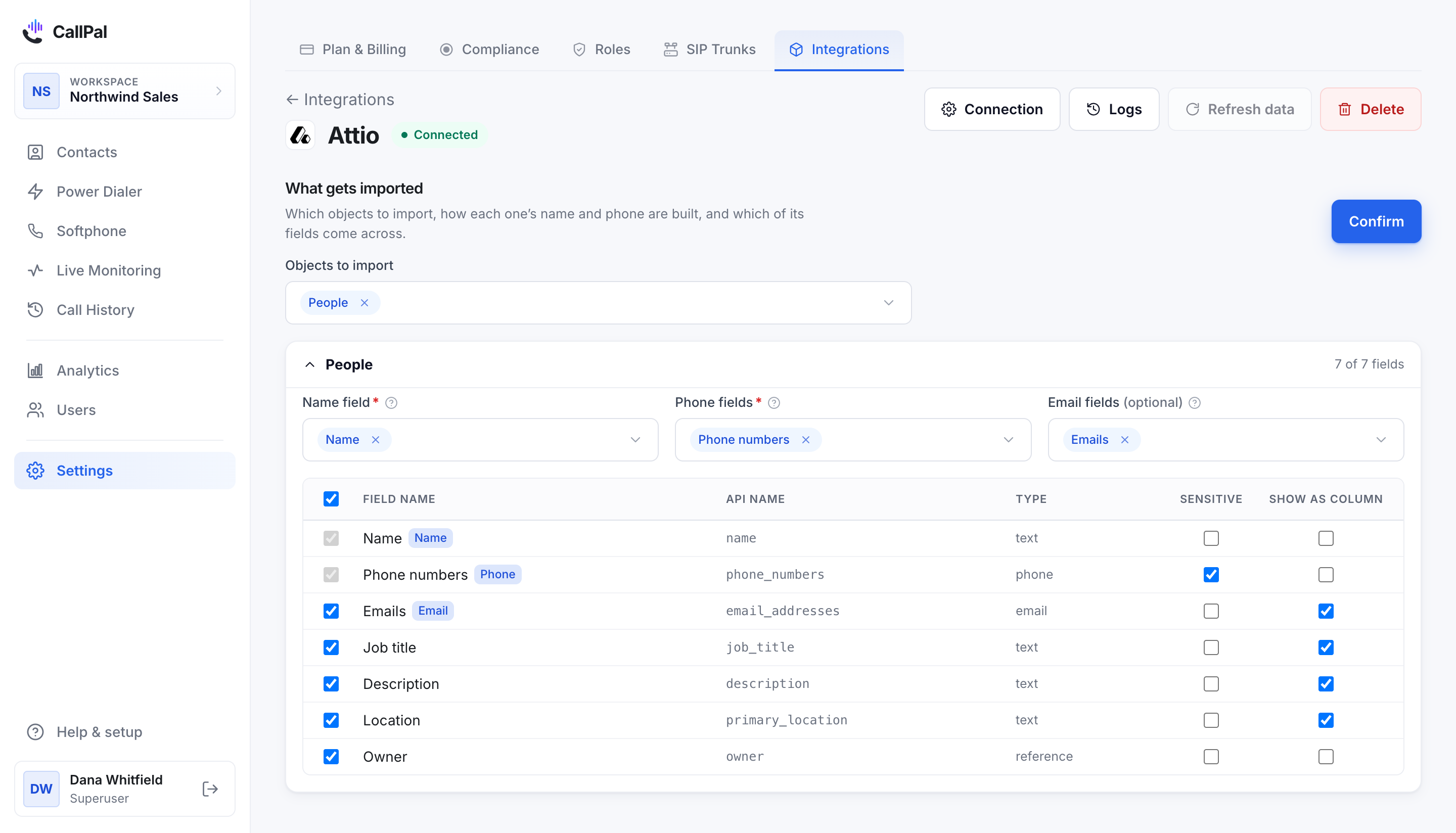 The Attio connection page in CallPal after connecting.