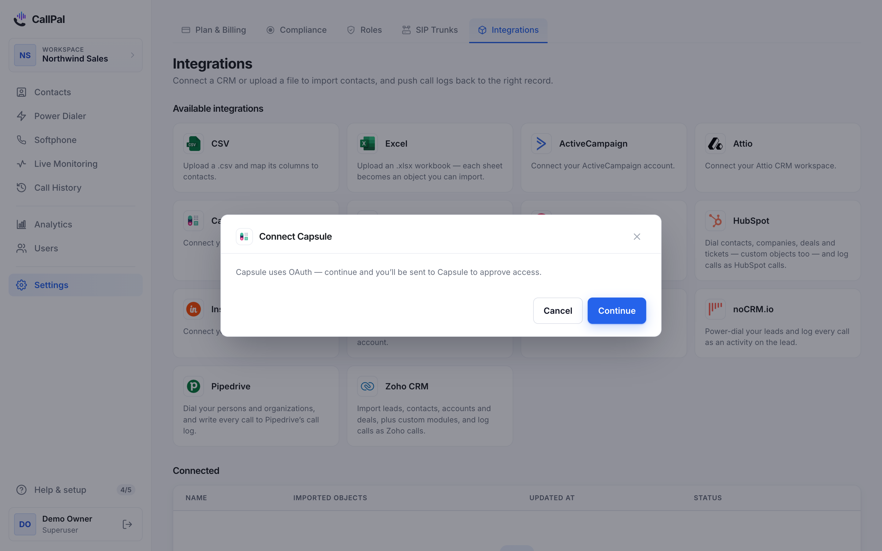 The Connect Capsule dialog in CallPal, explaining that you will be sent to Capsule to approve access.
