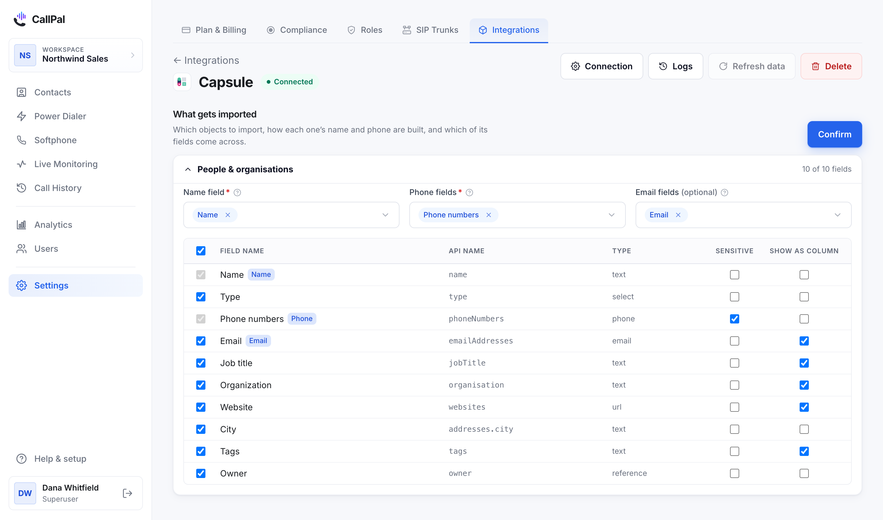 The Capsule connection page in CallPal, showing People and organisations selected with the field mapping below.
