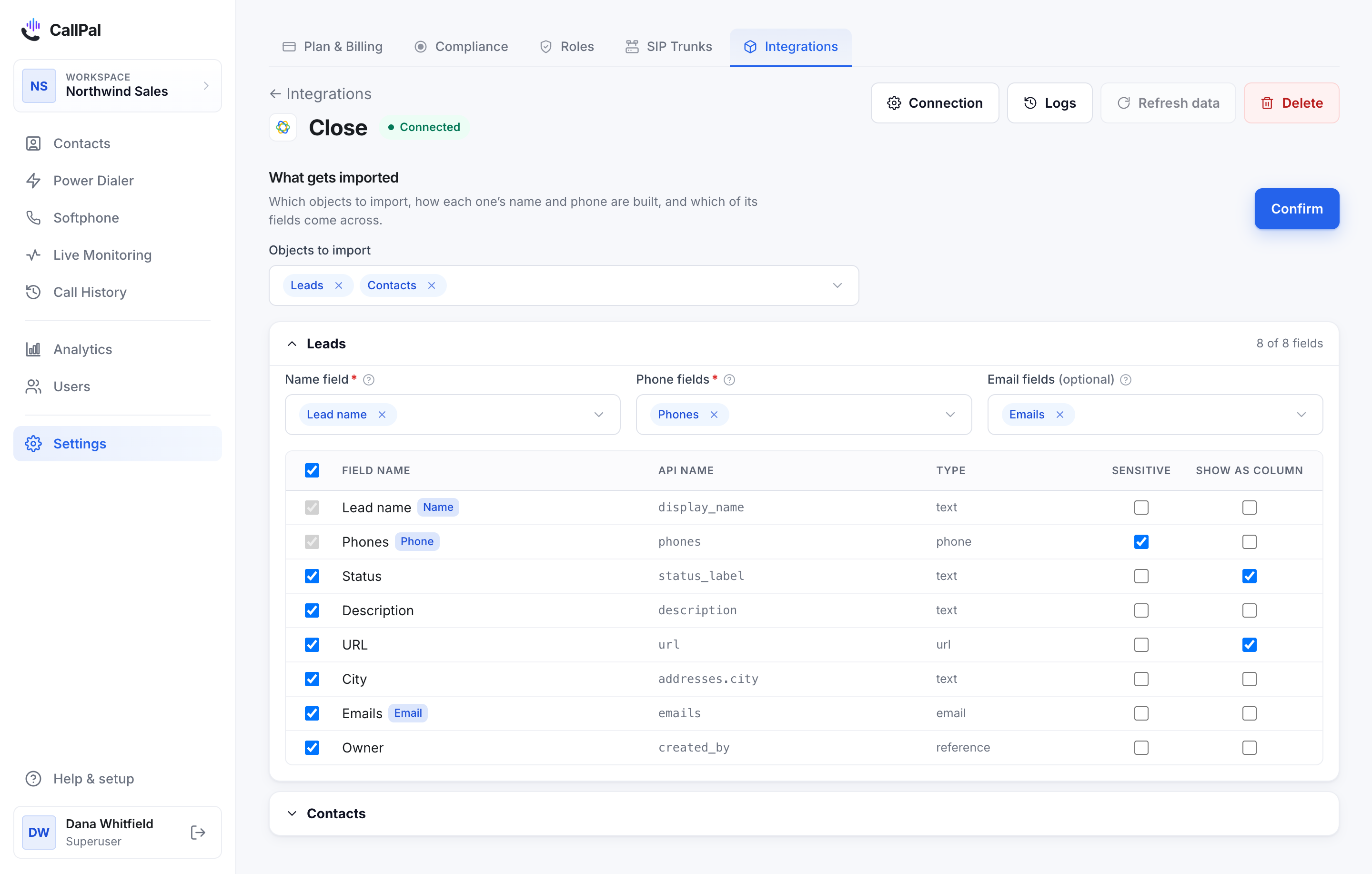 The Close connection page in CallPal, with Leads selected as the object to import and its field mapping below.