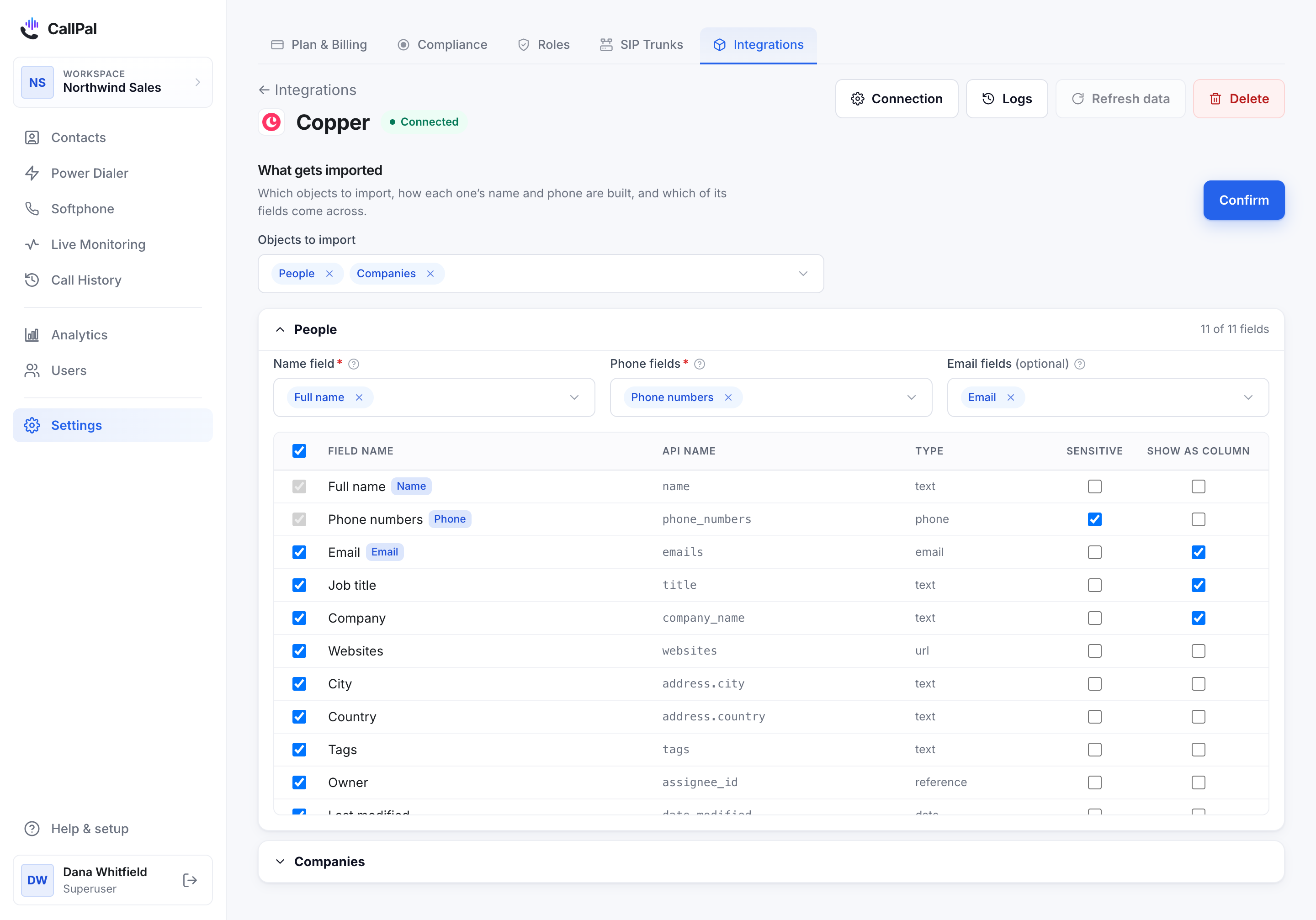 The Copper connection page in CallPal, with People and Companies selected and the field mapping below.