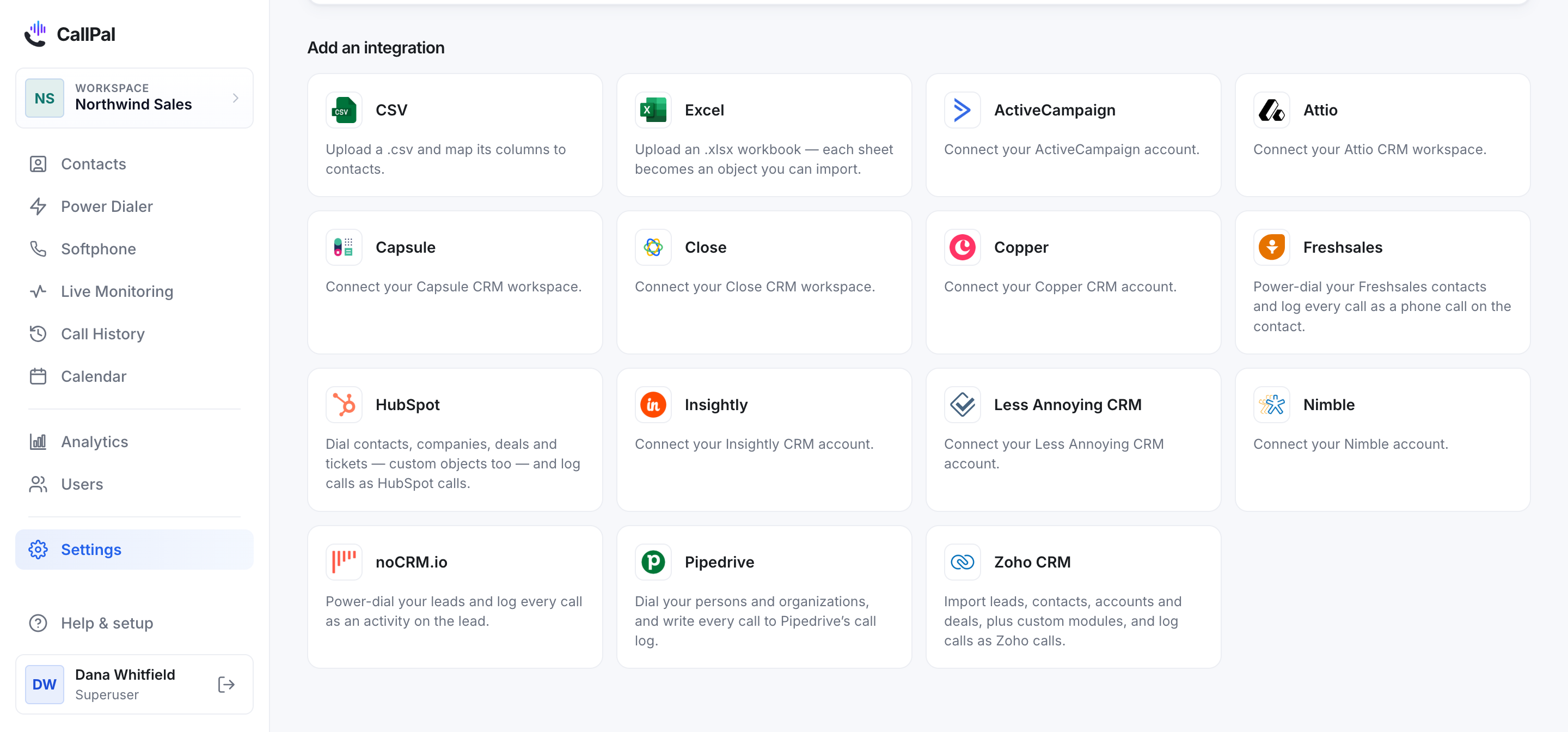 The CallPal Integrations page, with the Freshsales card among the available connectors.