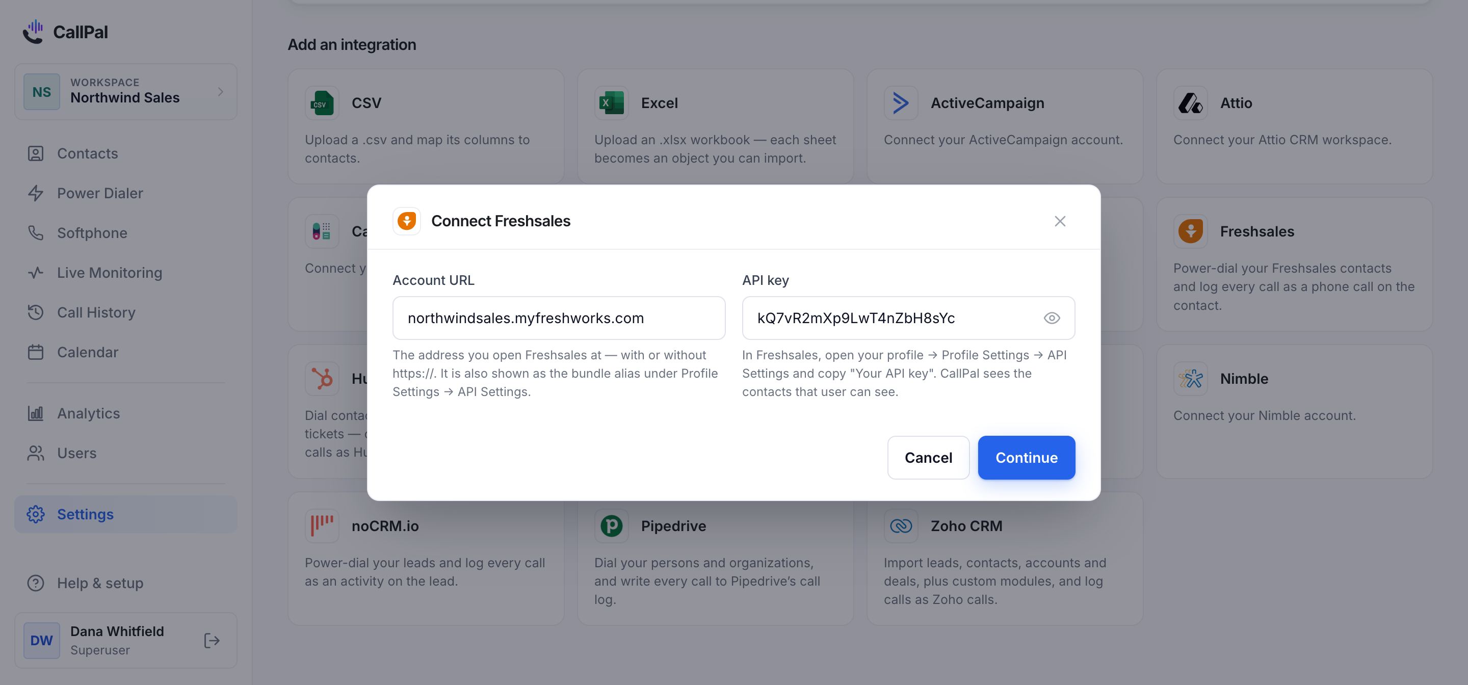 The Connect Freshsales dialog in CallPal, with the account URL and API key fields filled in.