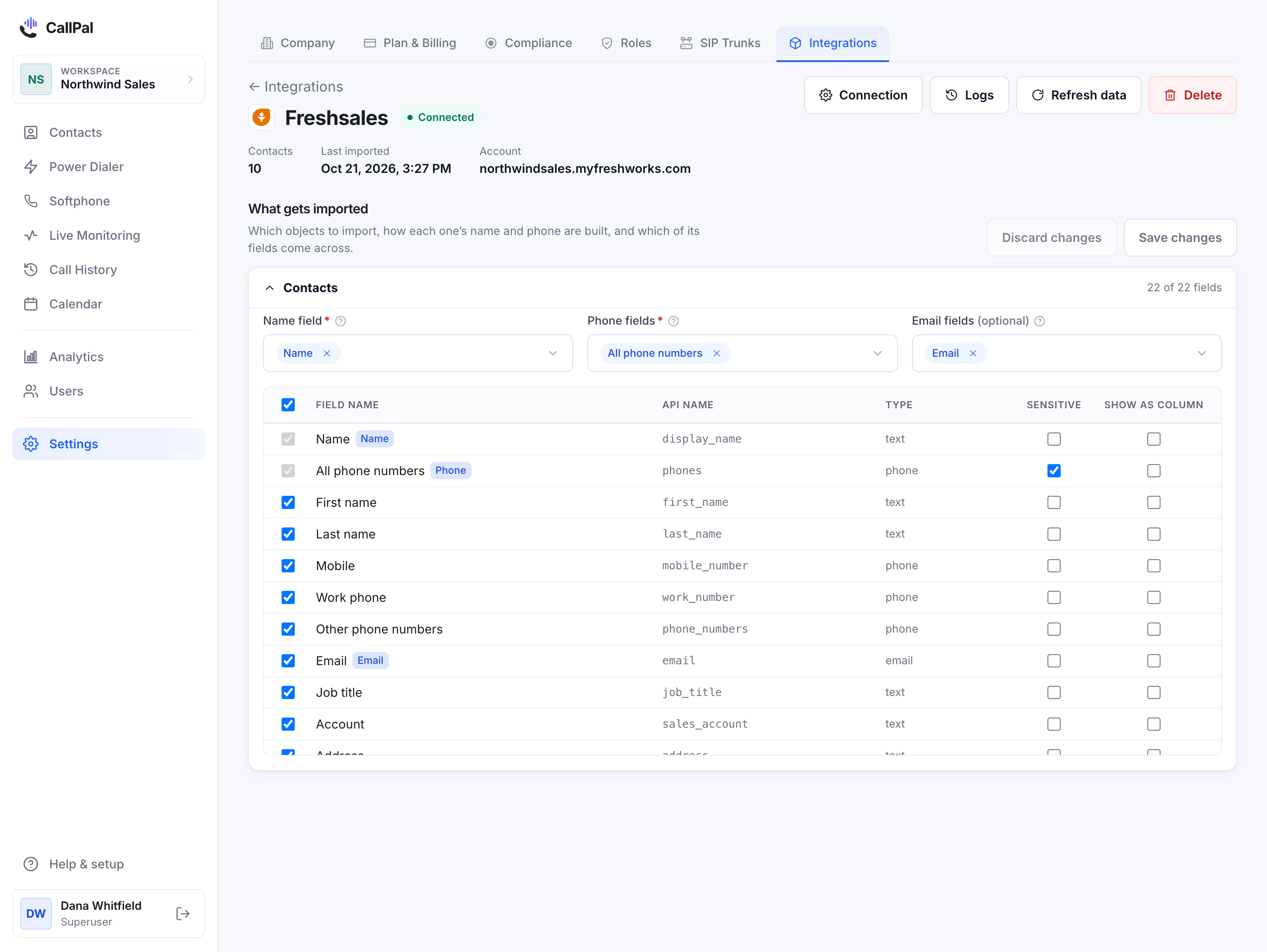 The Freshsales connection page in CallPal, showing Contacts with Name, All phone numbers and Email mapped and the field list below.