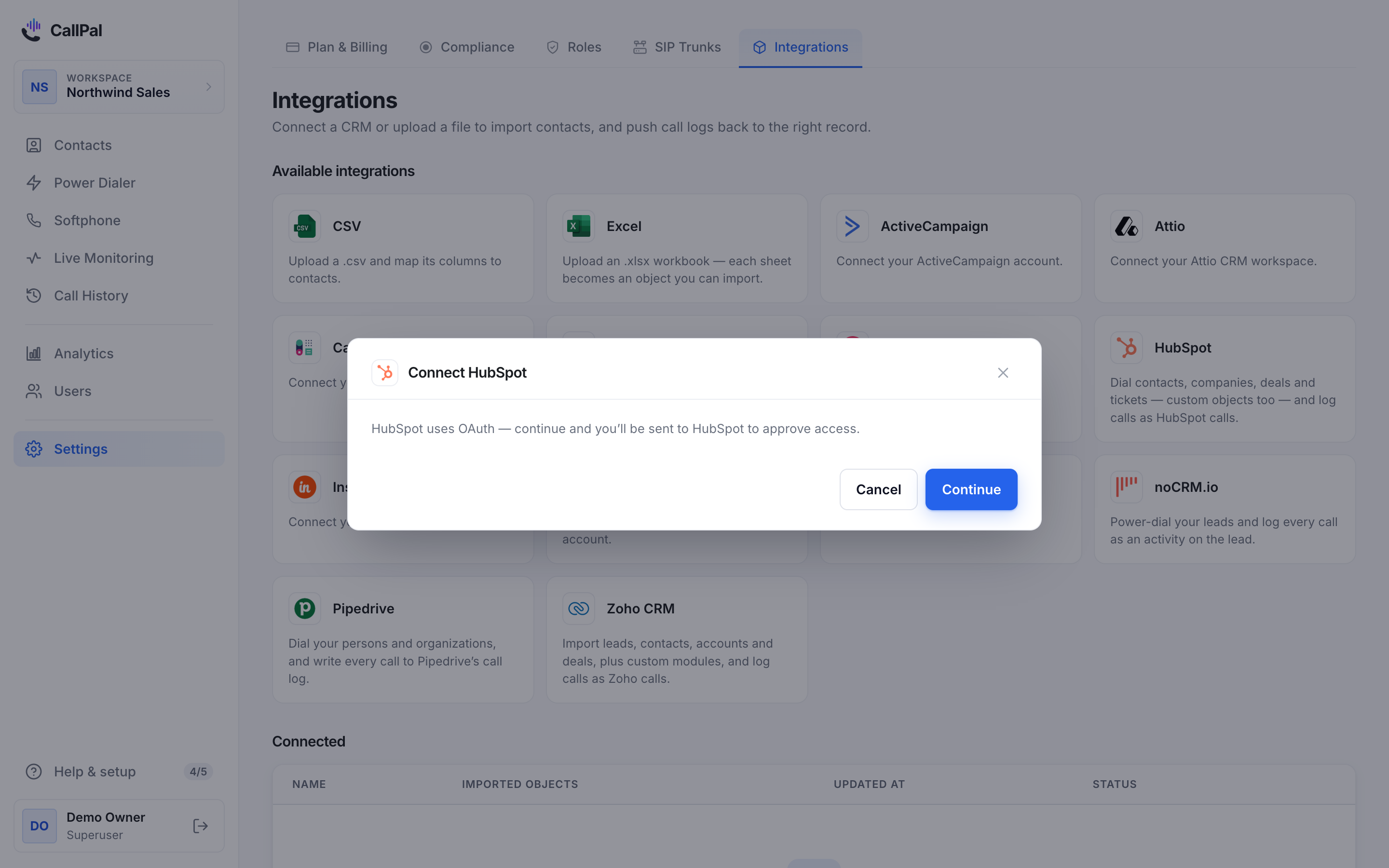 The Connect HubSpot dialog in CallPal, explaining that you will be sent to HubSpot to approve access.