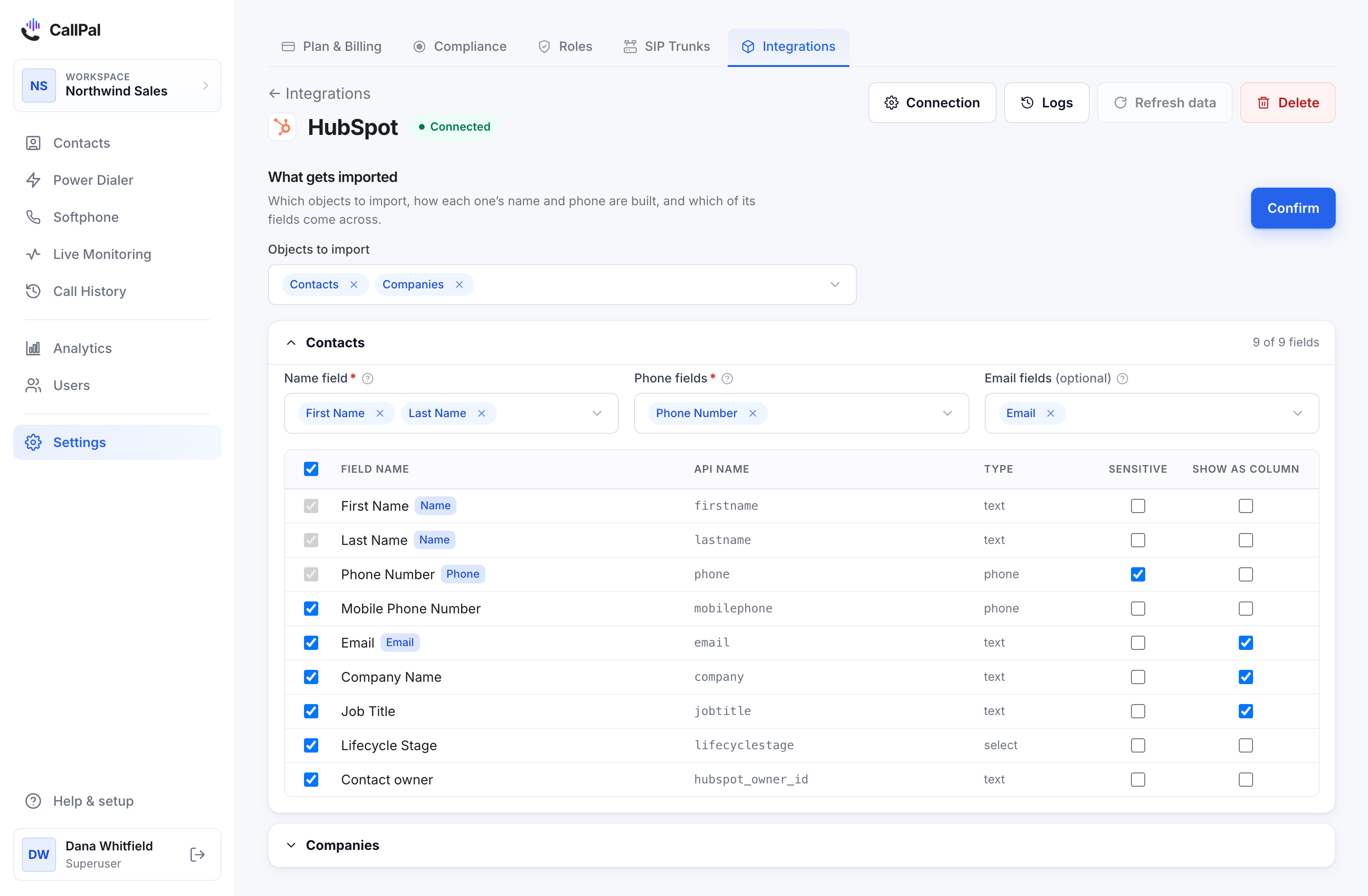 The HubSpot connection page in CallPal, listing the HubSpot objects available to import: contacts, companies, deals, tickets and the portal’s custom objects.
