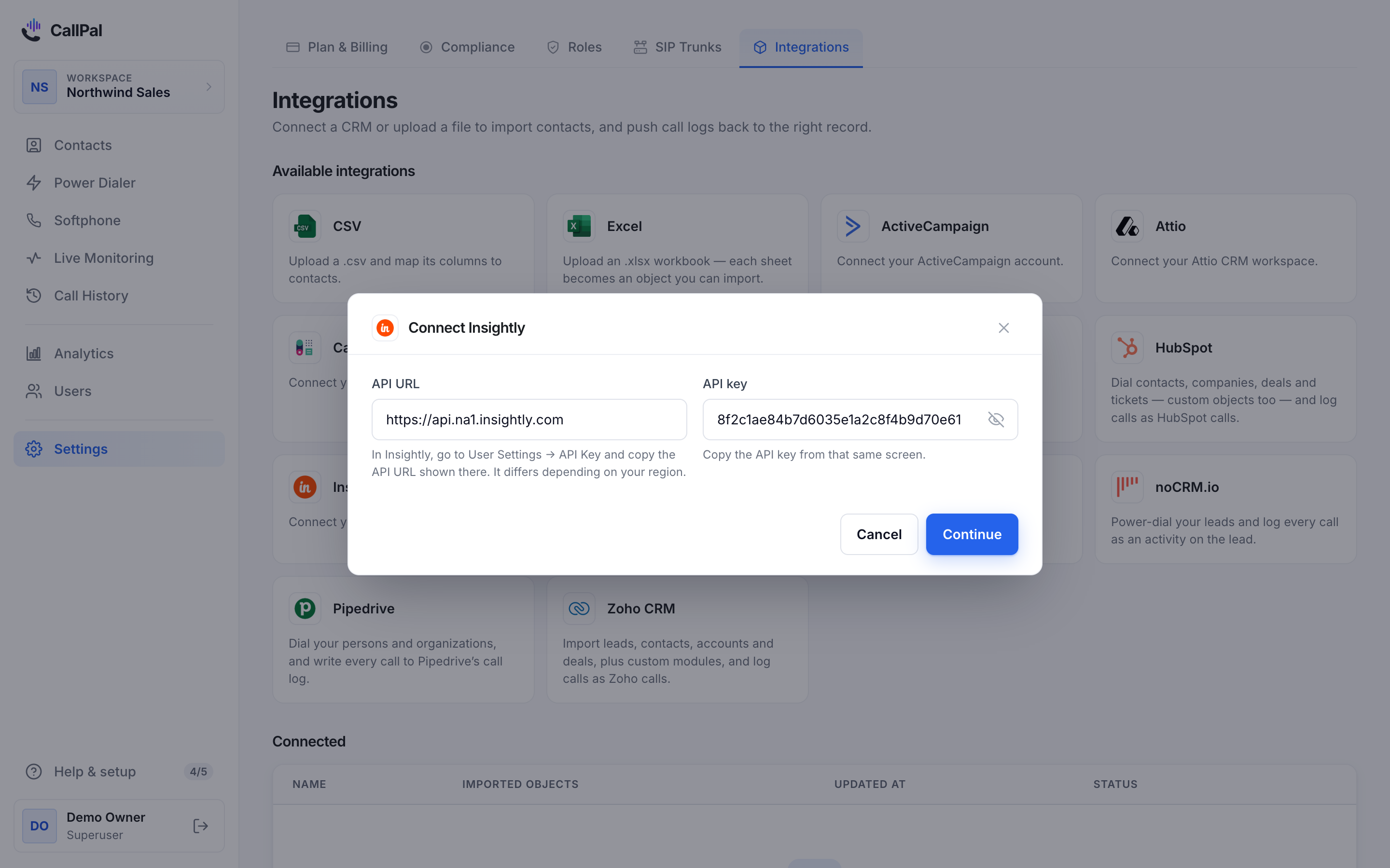 The Connect Insightly dialog in CallPal, with the API URL and API key fields filled in.