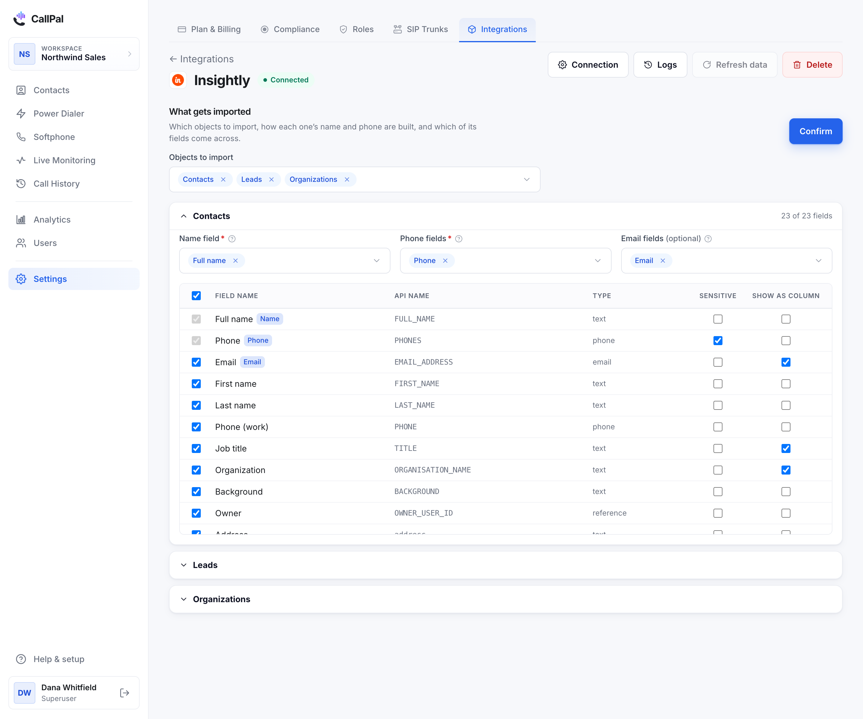 The Insightly connection page in CallPal, with Contacts selected and the field mapping below.