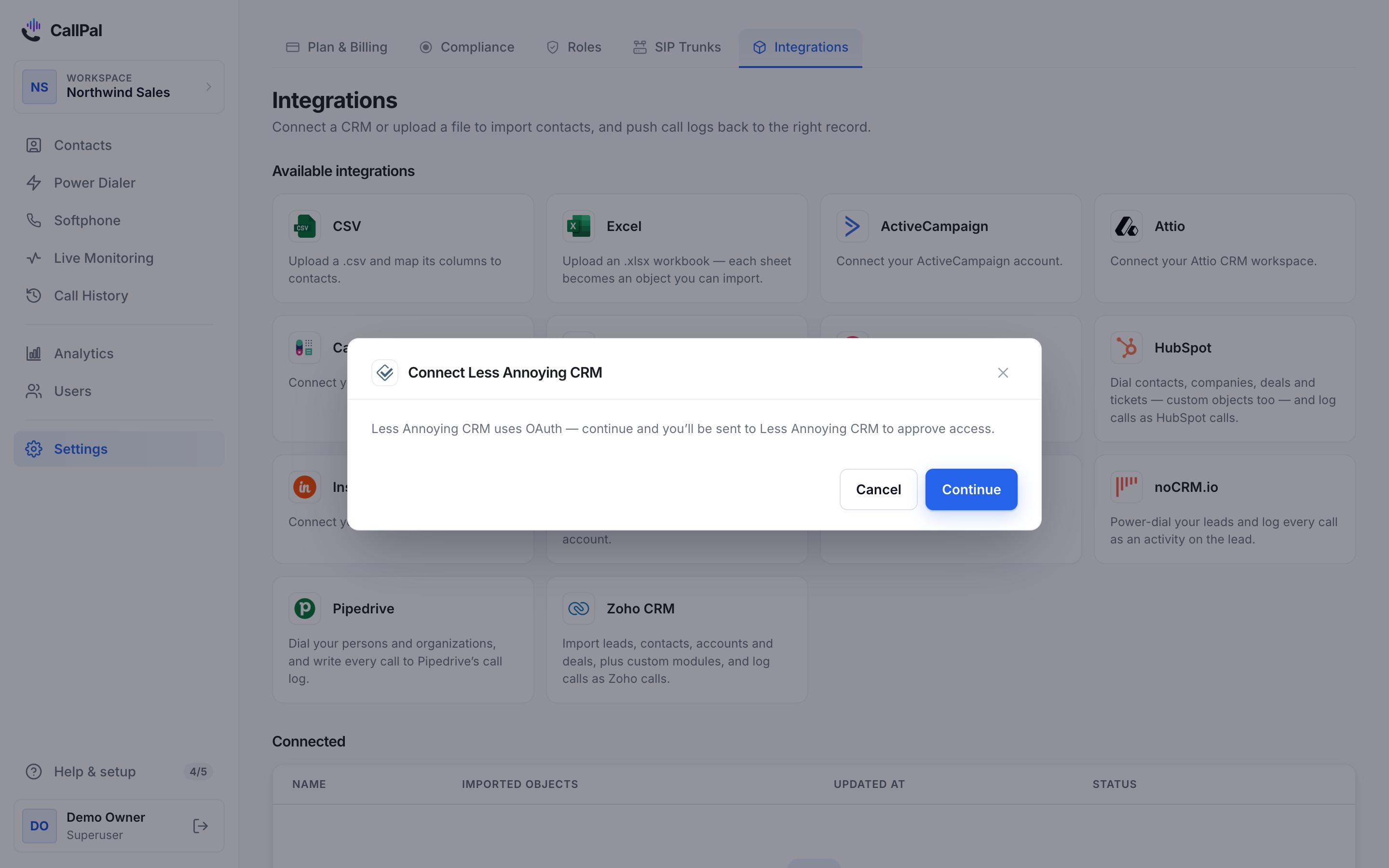 The Connect Less Annoying CRM dialog in CallPal, explaining that you will be sent to Less Annoying CRM to approve access.