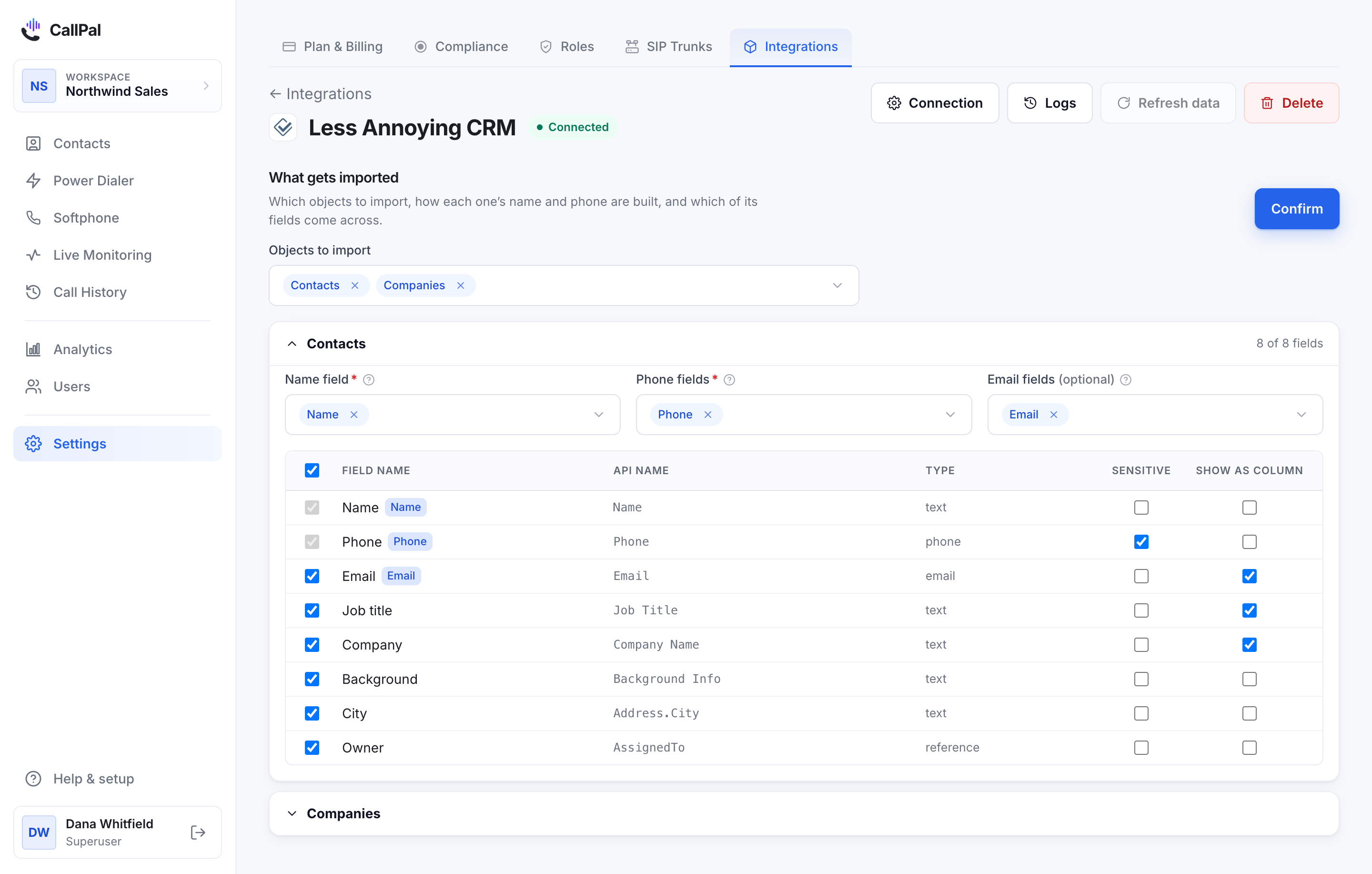 The Less Annoying CRM connection page in CallPal, with Contacts selected and the field mapping below.