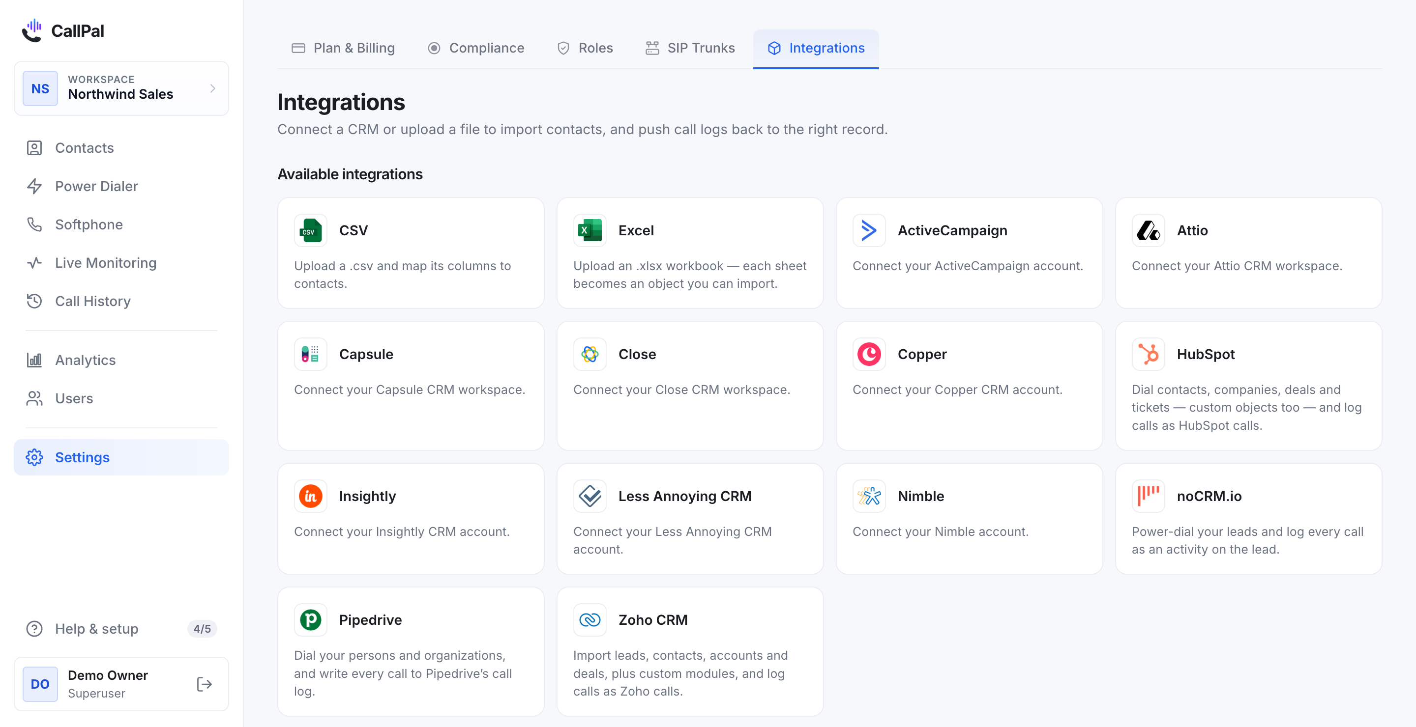 The CallPal Integrations page, with the Nimble card among the available connectors.