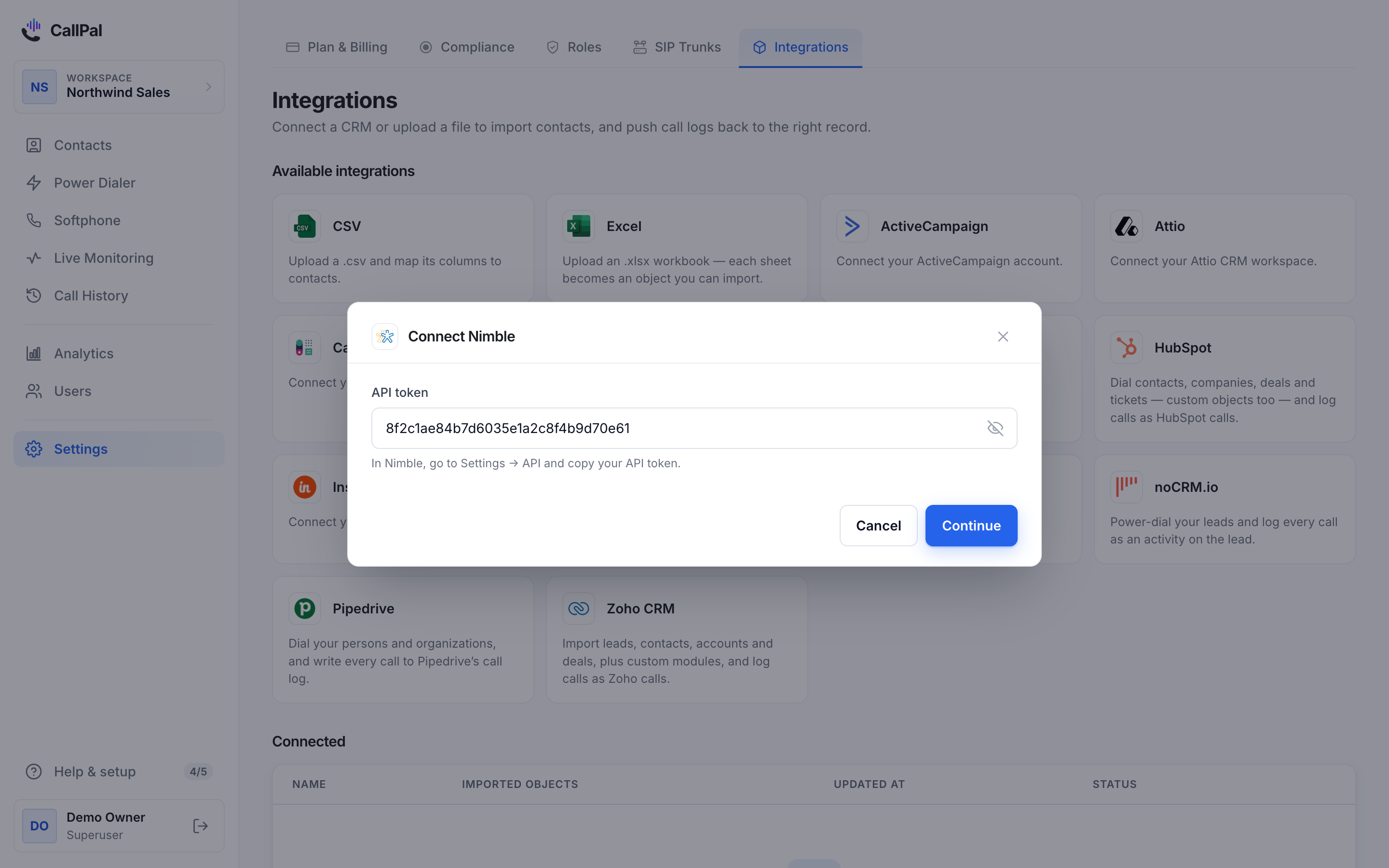 The Connect Nimble dialog in CallPal, with the API token field filled in.