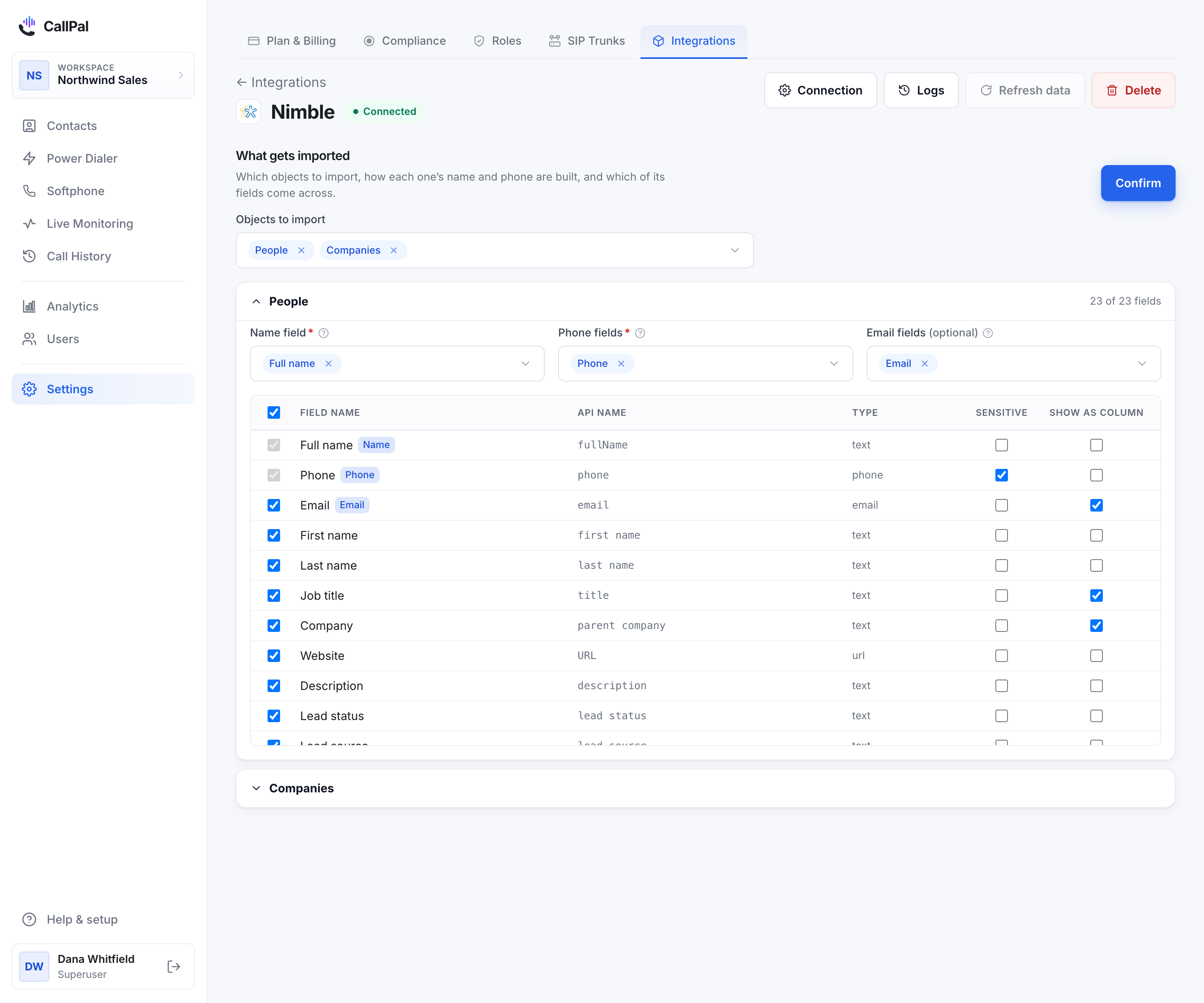 The Nimble connection page in CallPal, with People selected and the field mapping below.