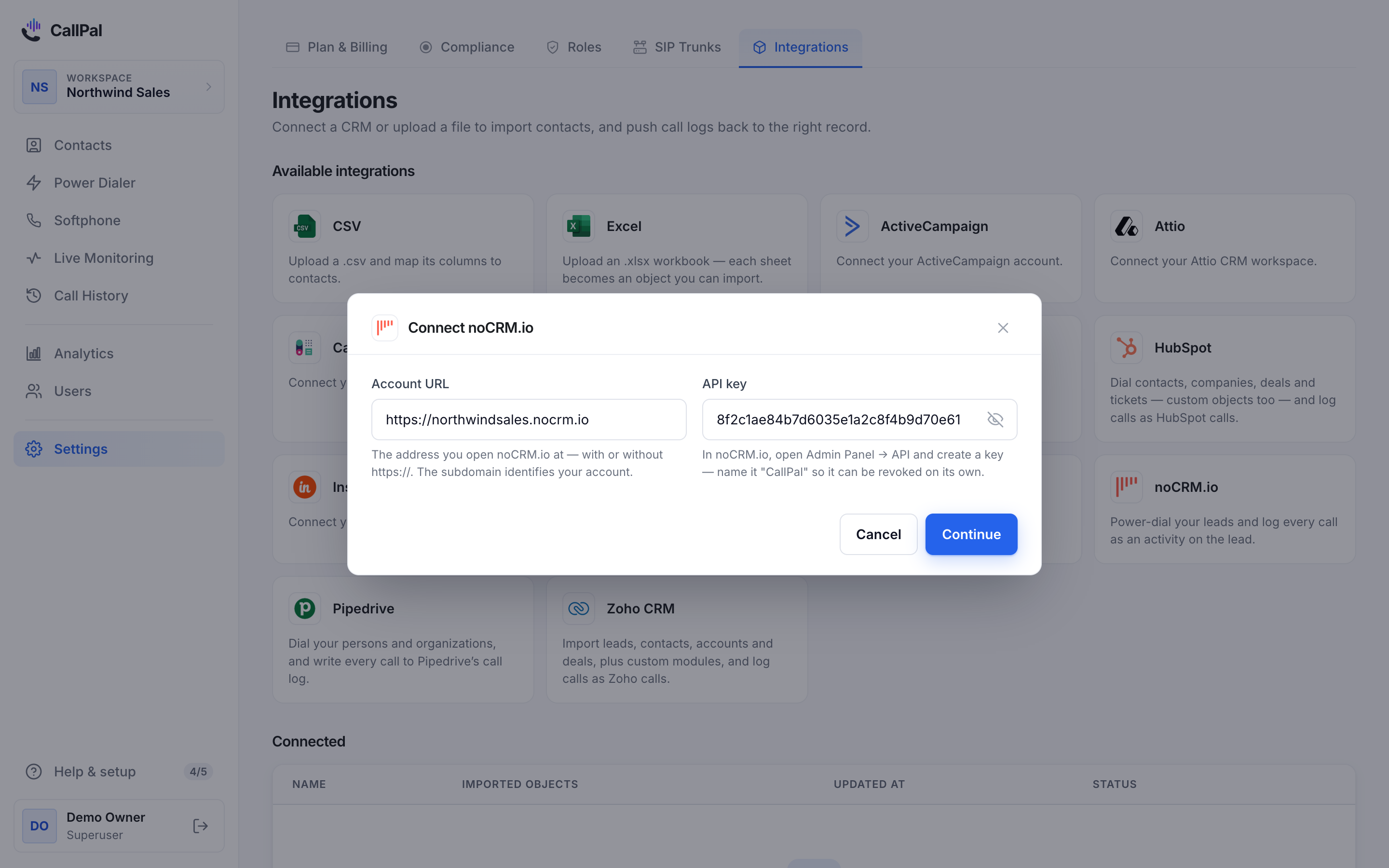 The Connect noCRM.io dialog in CallPal, with the account URL and API key fields filled in.