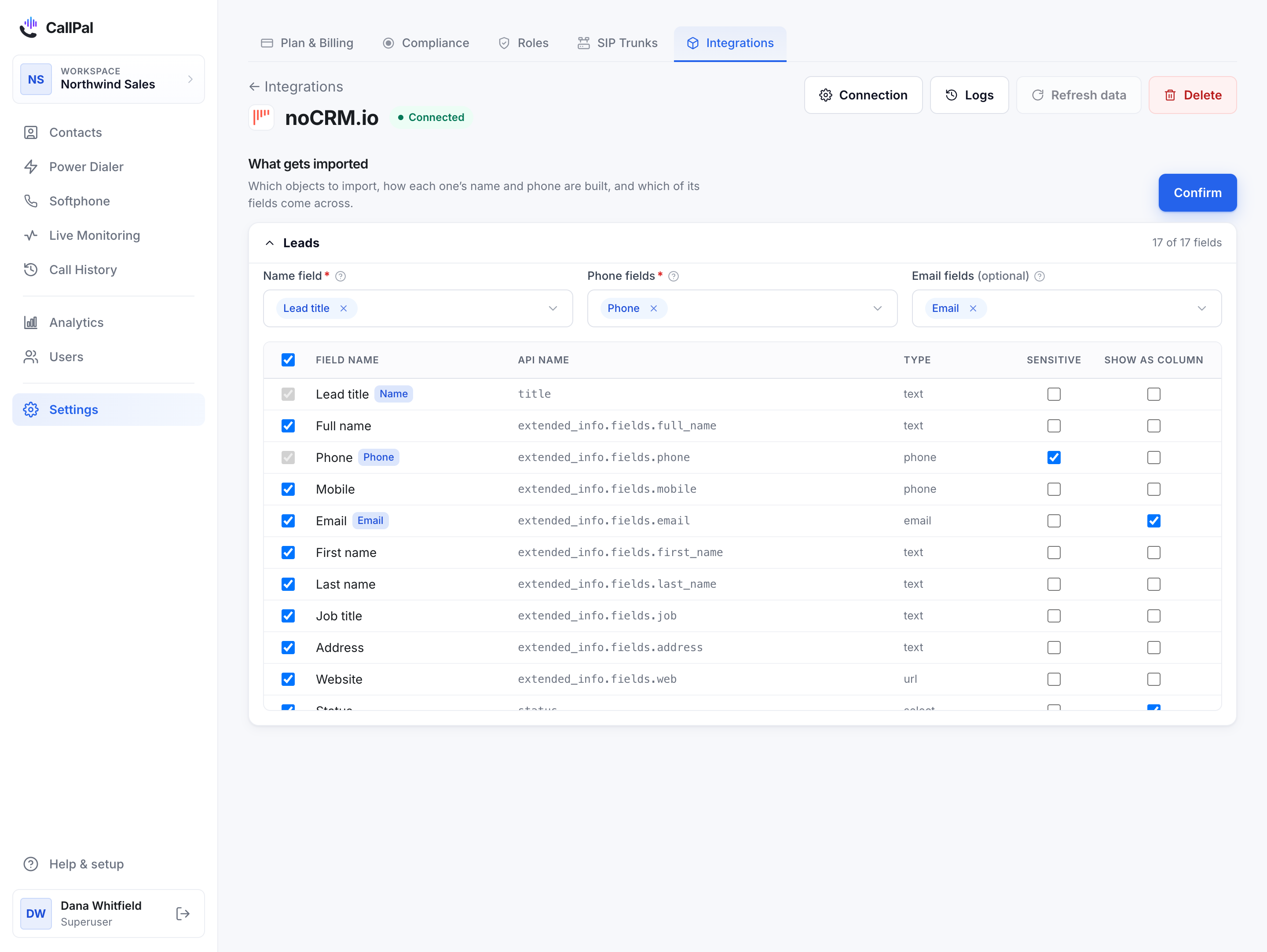 The noCRM.io connection page in CallPal, showing Leads with its full field mapping.