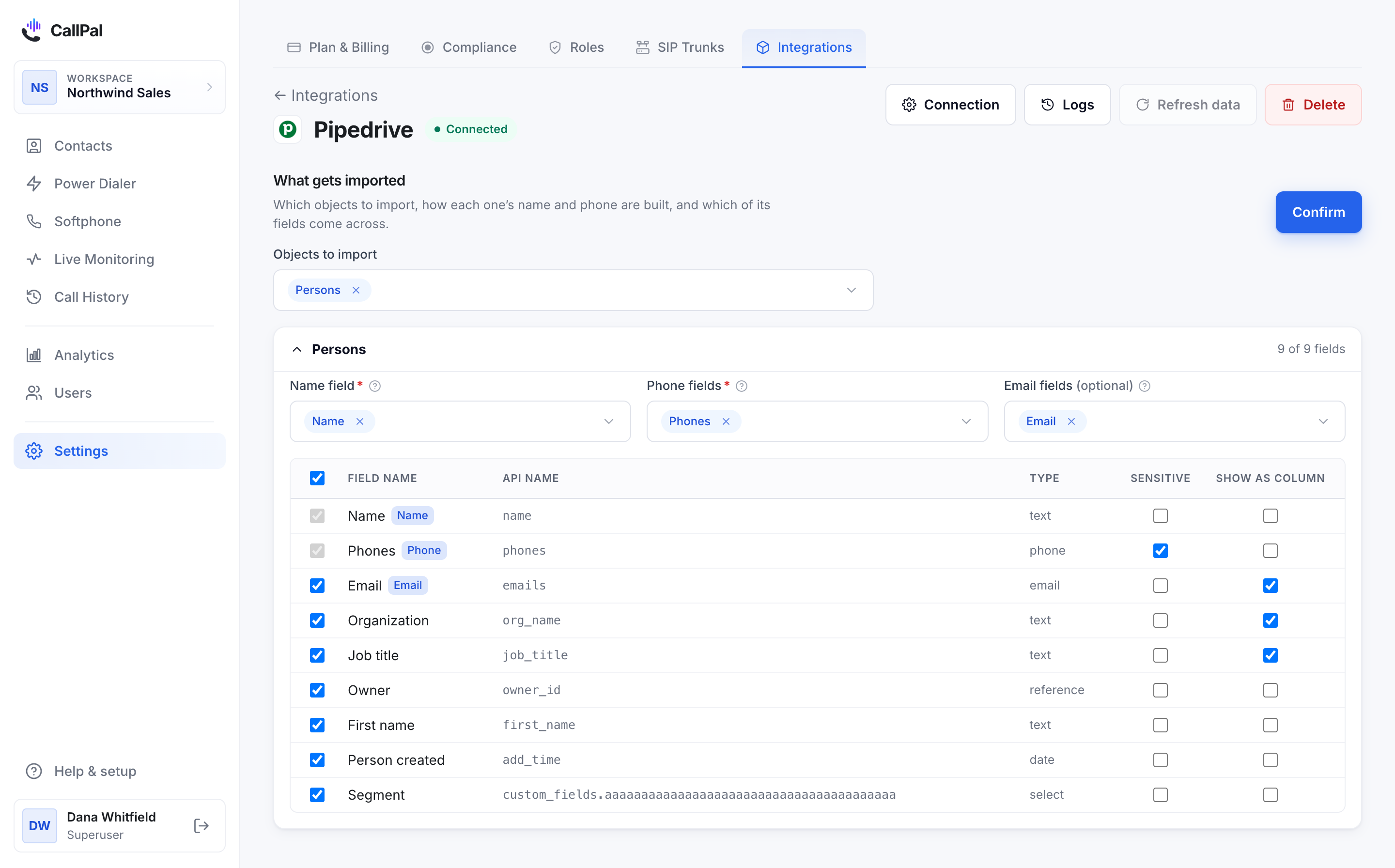 The Pipedrive connection page in CallPal, with Persons selected as the object to import and its field mapping below.