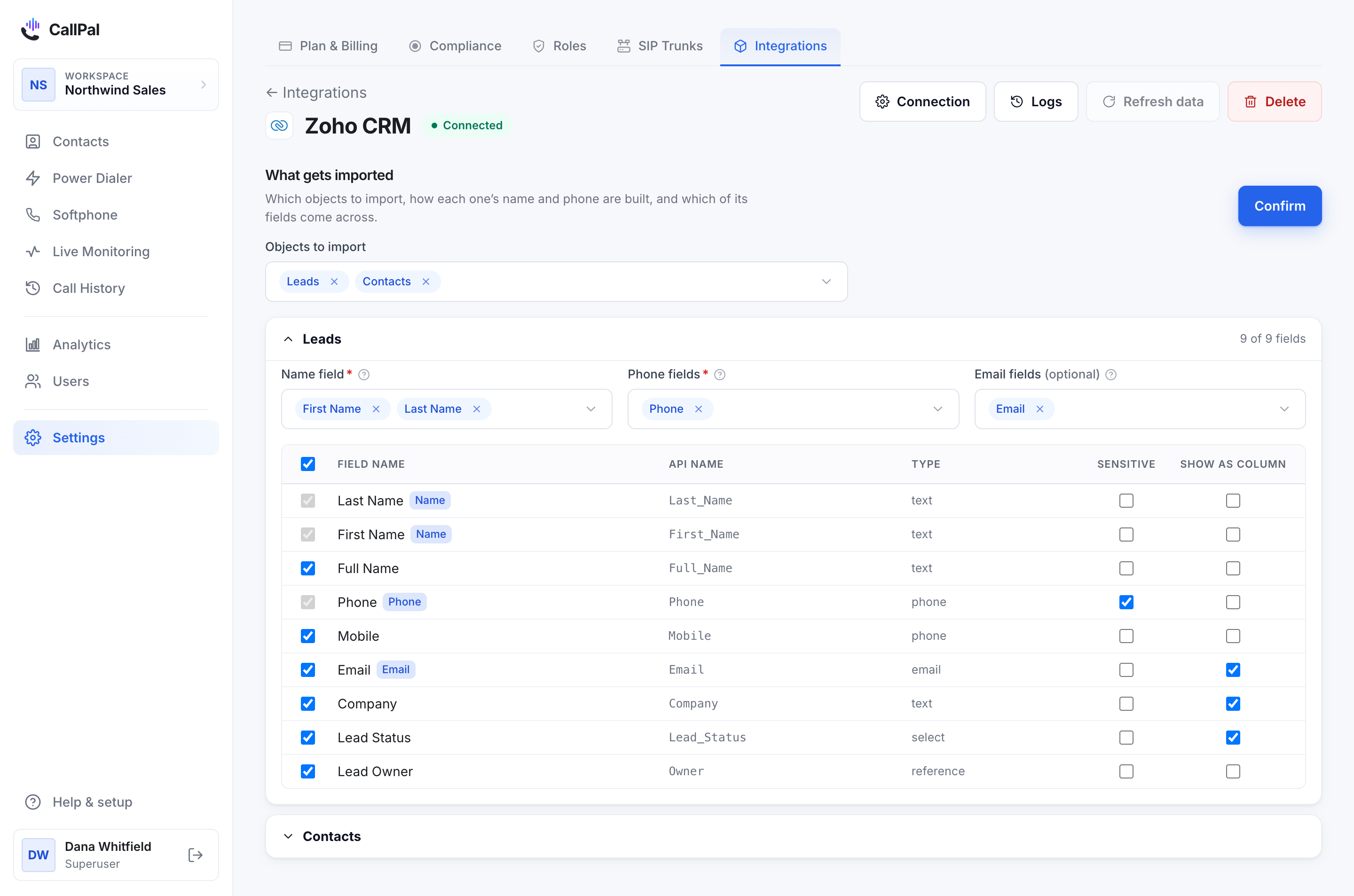 The Zoho CRM connection page in CallPal, with Leads and Contacts selected as the modules to import.